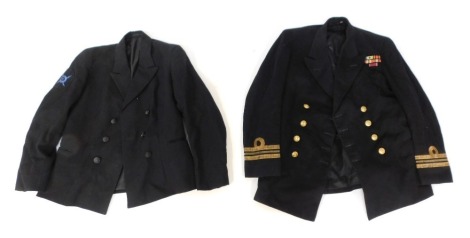 Two Royal Naval jackets, comprising a Lieutenant Commander's jacket with WWII service ribbons, and a Wrens (WRNS) jacket with branch badge. (2)