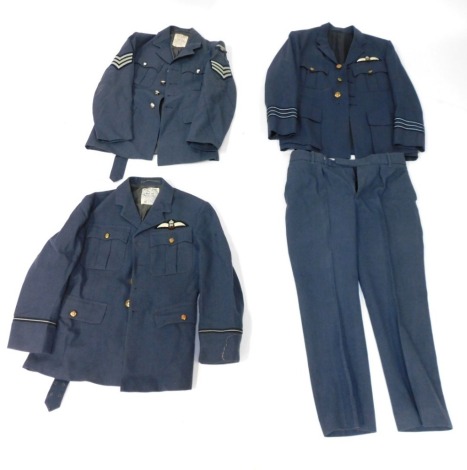 Two RAF jackets and a uniform, comprising an Air Crew Sergeant's No 1 dress jacket, Flying Officer's No 1 dress jacket, and a Wing Commander's No 1 jacket and trousers. (4)