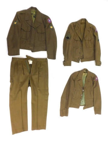 Two US Army jackets and a uniform, comprising a Staff Sergeant's jacket, further jacket, and a full uniform bearing Third Army badges. (4)