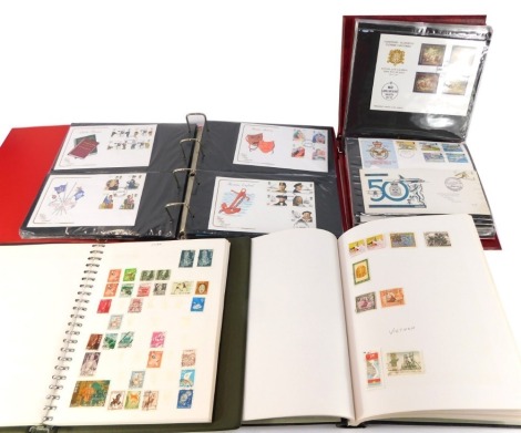 Philately. Two Stanley Gibbons stamp albums for Channel Islands and GB, various, two albums of first day covers, a Cenital stamp album, with GB, Ireland and Jersey stamps, three Stanley Gibbons albums, comprising first day covers mainly from 1970's and 19