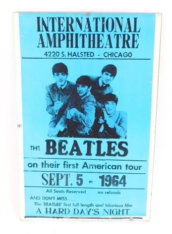 A Beatles tour poster for The Hard Days Night, at The International Ampitheatre Chicago, dated September 5th 1964, on cardboard backing, in clip frame, 54cm x 36cm. (AF)