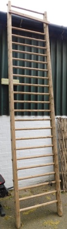 A rustic wooden rung ladder.