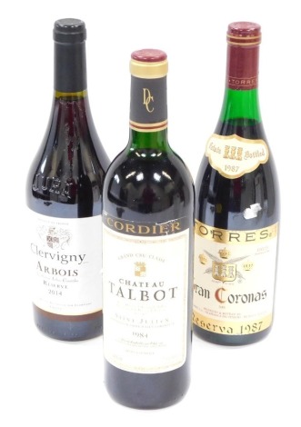 Three bottles of red wine, comprising Torres Gran Coronas 1987 Estate bottled, Cordier Chateau Talbot 1984 Saint-Julien, Clevvigny Arbis Reserve 2014. (3)