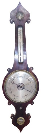 Jones and Darlington. A 19thC mahogany and mother of pearl barometer, in a banjo shaped case, 104cm high.