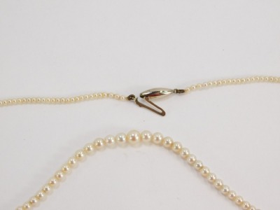 A single strand cultured pearl necklace, with a white gold clasp stamped 9c, the beads graduated, 43cm long, 3.5g all in. - 2