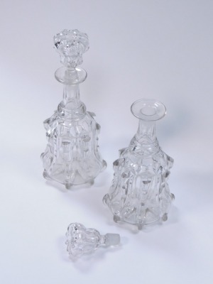 A pair of 19thC cut glass mallet shaped decanters, each with an applied and fluted ribbing, 31cm high. - 3