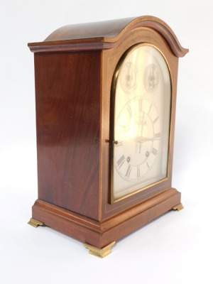 A late 19thC mahogany cased mantel clock, with arch top dial and silvered numeric chapter ring, the twenty one day movement with chiming mechanism, terminating in brass bracket feet, 35cm high, 25cm wide, 17cm deep. - 3