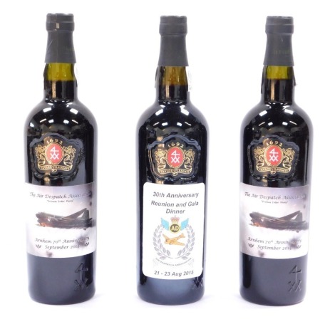 Two bottles of Taylor Fladgate Port, each with commemorative labels for The Air Despatch Association Arnhem 70th Anniversary September 2014, and The 30th Anniversary Reunion and Gala Dinner of The Air Despatch Association 21st to 23rd August 2015. (3)