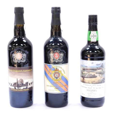 Three bottles of commemorative port, comprising the Taylor Fladgate with Royal Logistic Corps label, later bottled vintage port for 1995, The Air Despatch Association Primus Inter Paris, and the Hoopers 1994 late bottled vintage. (3)