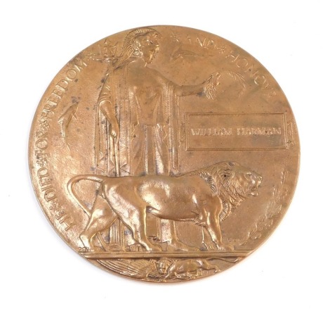 A World War One Widow's Penny named to commemorate William Harman, 12cm diameter.