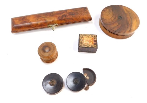 Treen and trinkets, comprising a pen case, turned ebony button case, a Penny Red stamp box, ebony coaster, etc. (a quantity)