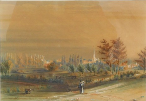 John Rec (19thC School). Sleaford from the fields, watercolour, 25cm x 36cm, framed and glazed.