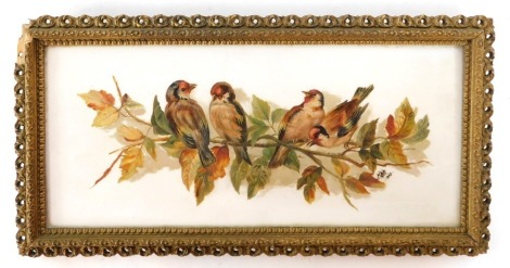 A Victorian painted glass panel, the rectangular panel with four birds, signed MBR, dated 1903, 16cm high, 39cm wide, in gilt frame. (AF)