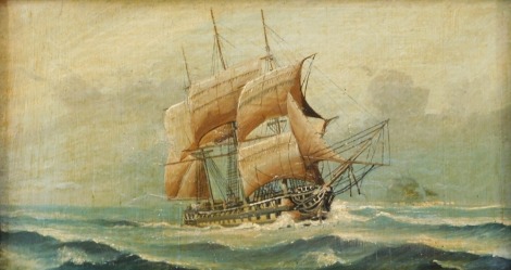 20thC School. Ships in rough seas, oil on canvas, 11.5cm x 21.5cm, framed. (AF)