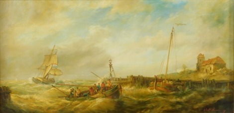 Walter Hairing ? (21stC School). Ships in rough harbour, with outbuilding, oil on board, 19cm x 39cm, in gilt frame.