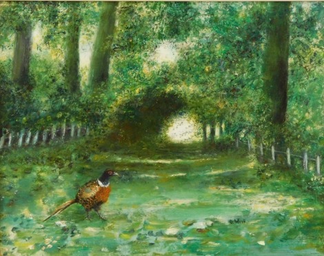 Oliver West (21stC School). Pheasants Retreat, oil on board, 18.5cm x 24cm, in gilt frame.