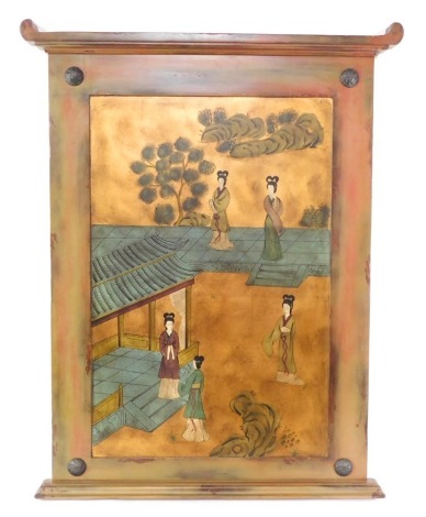 Oriental School. A modern painted wall hanging depicting Geishas, 93cm high, 75cm wide.