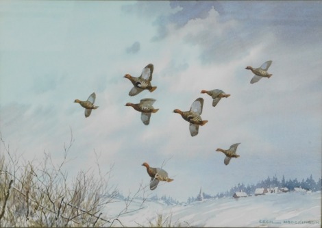 Cecil Thomas Hodgkinson (1895-1979). Partridges on a winter day, watercolour, 30cm x 46cm, framed and glazed.