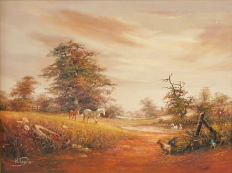 Harry Taylor (20thC School). Farmyard scene with cockerel, horse and swans, oil on board, signed, 29cm x 39cm, in ornate frame.