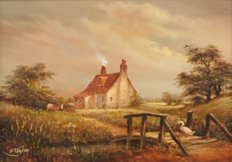 Harry Taylor (20thC School). Farmyard cottage with river, geese and horse, oil on board, signed, 24cm x 35cm, in ornate frame.