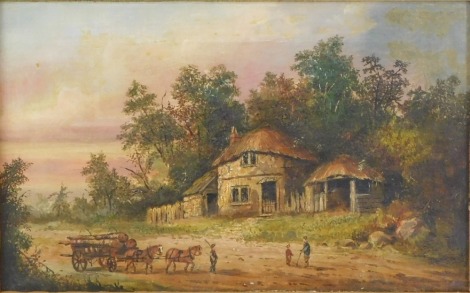 20thC School. Farmyard scene with horse pulling log cart, oil on canvas, 23cm x 39cm, in gilt frame.