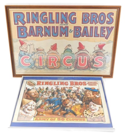 Two Ringling Bros Circus advertising posters, comprising one for Ringling Bros and Barnum & Bailey Circus, 41cm x 60cm, in wooden frame, a Ringling Bros World Greatest Shows Army of Fifty Clowns poster, 34cm x 47cm, framed.