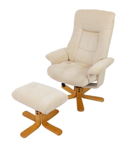 A lounge chair, in white waved upholstery, comprising chair and matching foot stool, 110cm high, 75cm wide, 60cm deep.