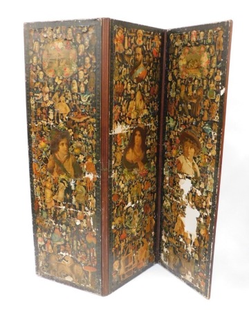 A Victorian mahogany three fold scrap screen, with papier mache and leather detailed panels, decorated overall with figures and flowers, (AF) 184cm high, each panel 60cm wide.