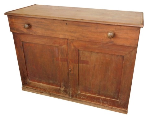 A George III mahogany cabinet, with two short drawers above two cupboard doors, knop handles, block base, 97cm high, 131cm wide, 55cm deep. (AF)