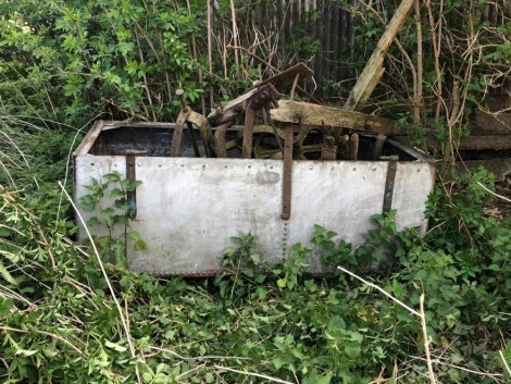 A group of agricultural tools, large galvanised feeder, wheels, etc. Buyer's Note: No viewing is available. Buyer to collect from Eye nr Peterborough, Cambs.