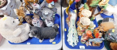 Ornaments and trinkets, Polar bear, dog, owl and squirrel ornaments, shell vases, Sylvac squirrel vase, etc. (2 trays)