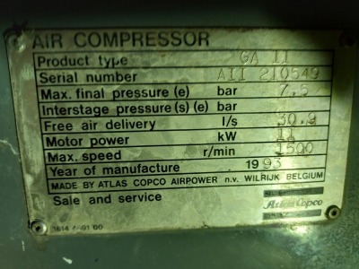 An Atlas Copco GA11 compressor and receiver, 3 phase. - 2