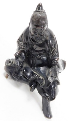 A Japanese Meiji period bronze vessel and cover, shaped as the figure of Kinko holding a book or scroll (now missing) riding a carp, 19cm high. - 7