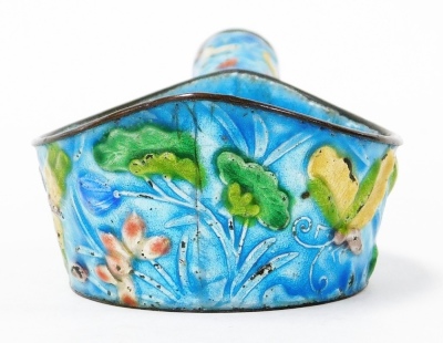 A Chinese blue enamel ladle, the body and handle decorated with images of butterflies, dragonflies and flowers, stamped China to underside, 14cm wide. - 2