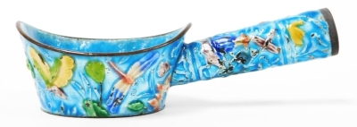 A Chinese blue enamel ladle, the body and handle decorated with images of butterflies, dragonflies and flowers, stamped China to underside, 14cm wide. - 3