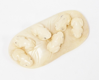 A 19thC Oriental ivory carving of six frogs on a lilypad, 10cm wide. - 2