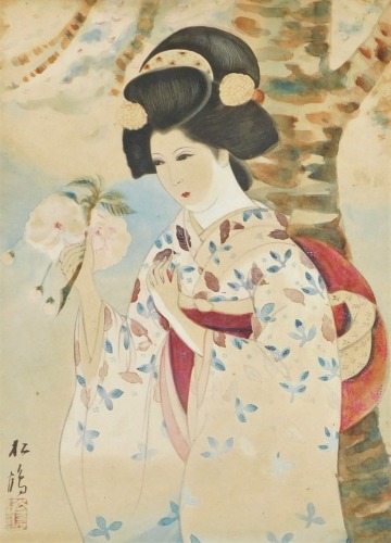 A framed Japanese watercolour of a woman in kimono carrying magnolia blossom, signed and sealed to the lower left, 35cm x 25cm.