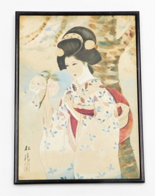 A framed Japanese watercolour of a woman in kimono carrying magnolia blossom, signed and sealed to the lower left, 35cm x 25cm. - 2