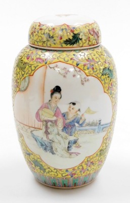 A Chinese famille jaune jar and cover, the front and back panels decorated with figures in a garden, four character stencilled read Qianling seal to underside, 21cm high, and two celadon ground Canton dishes, decorated with birds and flowers, 15cm diamete - 4