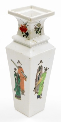 A 19thC Chinese porcelain baluster vase of square section, each panel decorated in famille verte palette with pairs figures, the upper facets with flowers, six character underglaze blue Kangxi mark, 29cm high.