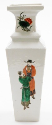 A 19thC Chinese porcelain baluster vase of square section, each panel decorated in famille verte palette with pairs figures, the upper facets with flowers, six character underglaze blue Kangxi mark, 29cm high. - 2