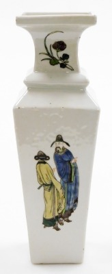 A 19thC Chinese porcelain baluster vase of square section, each panel decorated in famille verte palette with pairs figures, the upper facets with flowers, six character underglaze blue Kangxi mark, 29cm high. - 3