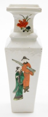 A 19thC Chinese porcelain baluster vase of square section, each panel decorated in famille verte palette with pairs figures, the upper facets with flowers, six character underglaze blue Kangxi mark, 29cm high. - 4