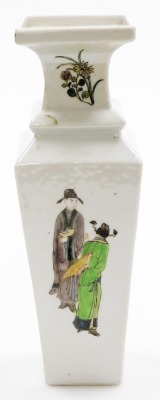 A 19thC Chinese porcelain baluster vase of square section, each panel decorated in famille verte palette with pairs figures, the upper facets with flowers, six character underglaze blue Kangxi mark, 29cm high. - 5