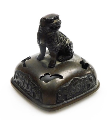 A Chinese bronze koro and cover, on four feet, the body decorated with four reserves depicting figures and animal, the pierced lid with dog of fo finial, 25cm high. - 7