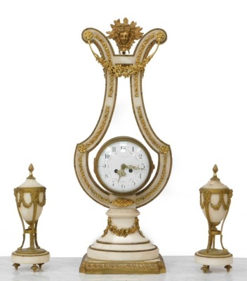 A late 19th French porcelain ormolu and gilt metal lyre clock garniture de cheminee, by Sartinot of Paris, the alabaster shaped frame holding a barrel dial with enamel, eight day movement and striking a bell, with pendulum and each garniture vase having a - 9