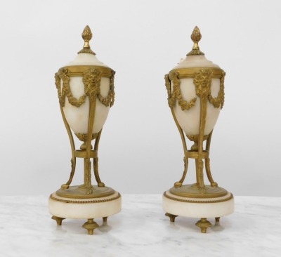 A late 19th French porcelain ormolu and gilt metal lyre clock garniture de cheminee, by Sartinot of Paris, the alabaster shaped frame holding a barrel dial with enamel, eight day movement and striking a bell, with pendulum and each garniture vase having a - 12