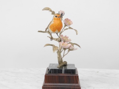 An Albany Fine China Robin ornament, on a marble plinth on wooden base, with plaque 'H M Queen Elizabeth II Silver Jubilee 1952-1977', limited edition 9 underside, 31cm high. - 12