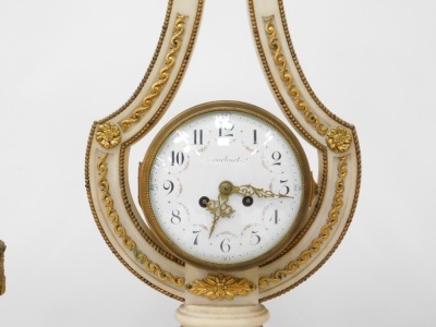 A late 19th French porcelain ormolu and gilt metal lyre clock garniture de cheminee, by Sartinot of Paris, the alabaster shaped frame holding a barrel dial with enamel, eight day movement and striking a bell, with pendulum and each garniture vase having a - 6