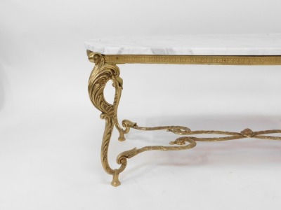 A French style marble topped and gilt coffee table, the shaped marble top on a gilt rococo scroll base, 44cm high, 116cm wide, 55cm deep. - 6